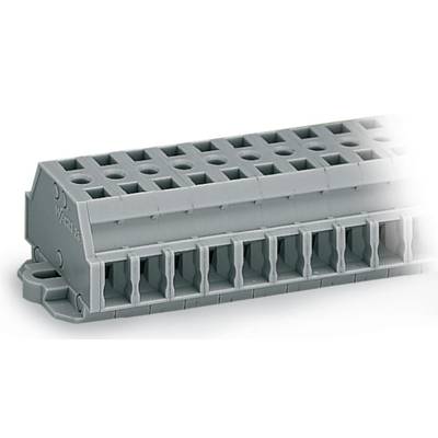 Grey electrical connector block with multiple square sockets, used for connecting cables in control panels.