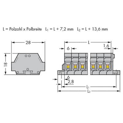 Technical drawing of a connector with dimensions. The height is 18 mm, the width 28 mm. Details of lengths L, L1, L2 are provided.