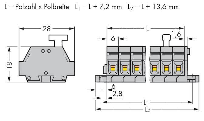 Technical drawing of a connector with dimensions. Height 18 mm, width 28 mm, number of poles multiplied by pole width gives L.
