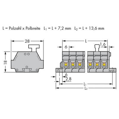 Technical drawing of a connector with dimensions. Height 18 mm, width 28 mm, number of poles multiplied by pole width gives L.