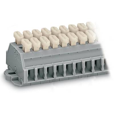 Industrial terminal block with two rows of beige connectors on a grey base, used for electrical wiring in mechanical engineering.
