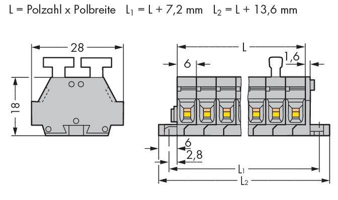 Technical drawing of an electrical connector with dimensions in millimetres. Shows side and front view with labels.