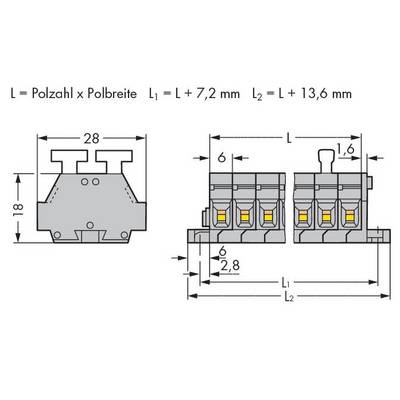 Technical drawing of an electrical connector with dimensions in millimetres. Shows side and front view with labels.