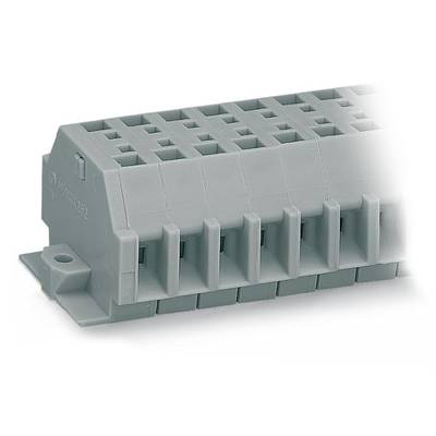 A grey plastic block with multiple square openings at the top and a locking foot at the bottom, potentially part of an electrical connector.