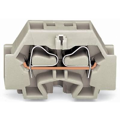 A grey terminal block with two metal contacts and a copper connection in the centre, used in electrical control cabinets.