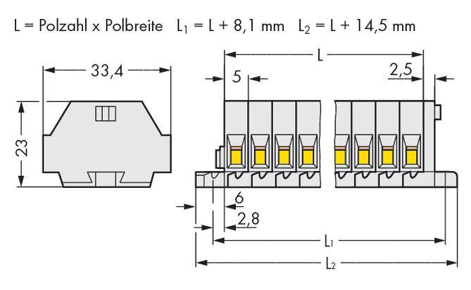 'Technical drawing of a connector with dimensions: Height 23 mm, Width 33.4 mm. Length specifications: L1 = L + 8.1 mm, L2 = L + 14.5 mm.'