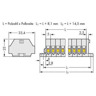 'Technical drawing of a connector with dimensions: Height 23 mm, Width 33.4 mm. Length specifications: L1 = L + 8.1 mm, L2 = L + 14.5 mm.'