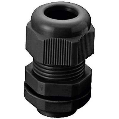 A black cable gland for electrical installations. Suitable for securely fixing and sealing cables in enclosures.