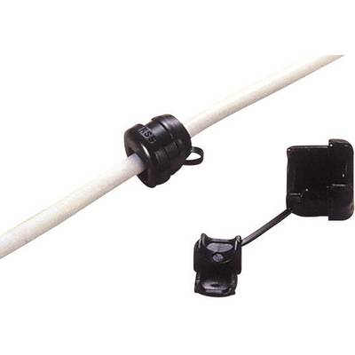 A white cable is held by a black cable clip. Next to it is a closed black clip for cable attachment.