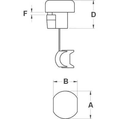 Technical drawing of an actuator with dimensional specifications A, B, D and F on various components. Shows front and side view.