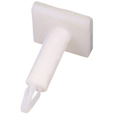 A white plastic clip with a rectangular mounting surface, used for attaching to a surface.