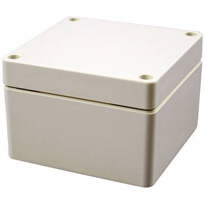 A white, square, closed plastic box with rounded corners and screw holes at the corners.
