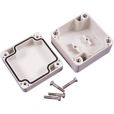 A rectangular plastic enclosure, opened, with four accompanying screws. Perfect for electronics projects and connections.