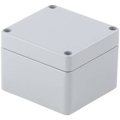 Rectangular grey plastic enclosure, likely for electronic components. Four round screw holes at the corners.