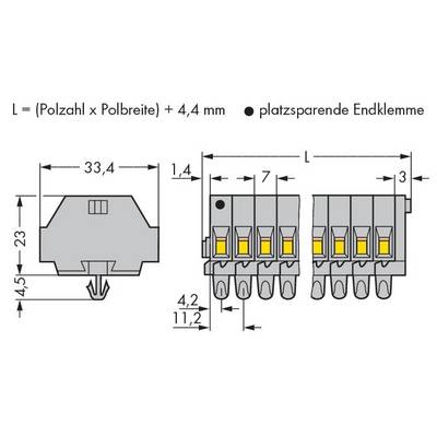 Technical drawing of a space-saving end terminal. Dimensions: Width 33.4 mm, Height 23 mm, length measurements for various parts marked.