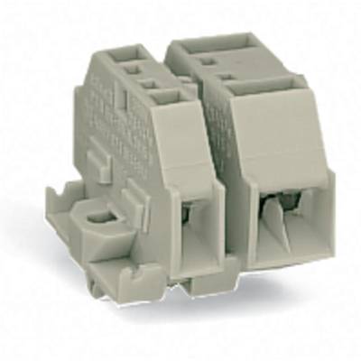 Two-pole terminal block made of grey plastic with a locking mechanism, suitable for electrical connection and installation of wires.