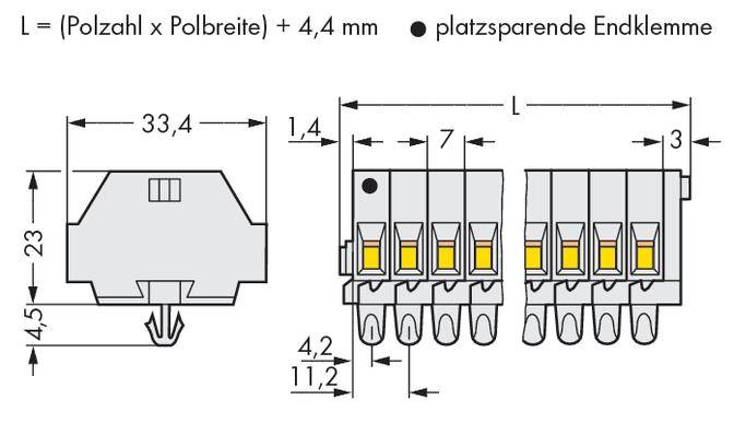 'Space-Saving End Terminal' Diagram of an electrical connection unit, showing dimensions in millimetres for precise installations. Left: individual view, right: multiple view with five connections.