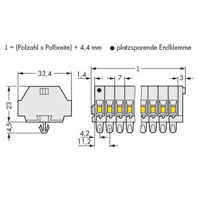 'Space-Saving End Terminal' Diagram of an electrical connection unit, showing dimensions in millimetres for precise installations. Left: individual view, right: multiple view with five connections.