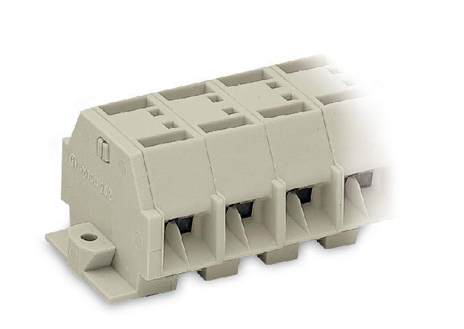 Terminal block with four connection points in a light grey housing, suitable for electrical wiring and connections.