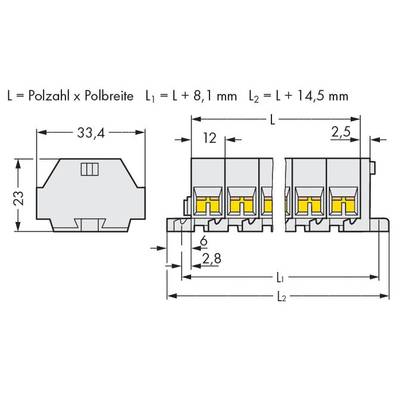 Connector diagram: Width 33.4 mm, Height 23 mm. Dimensions: L1 = L + 8.1 mm, L2 = L + 14.5 mm, Pole width x Number of poles.