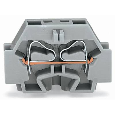 Grey clamp with two openings and internal conduits. Primarily used for electrical connections in installations.