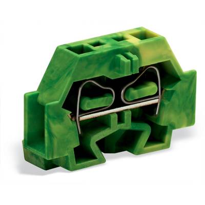 Green electrical terminal block with metallic connecting element, for secure fastening and connection of cables in electrical installations.