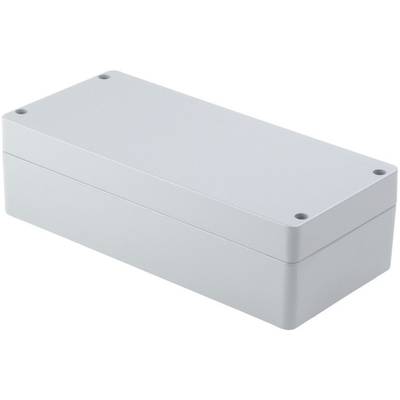 Rectangular grey plastic enclosure with rounded corners and four screw holes, suitable for electronic equipment housings.