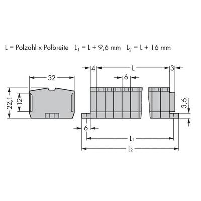 'Diagram for Connector: L = Number of Poles x Pole Width, L1 = L + 9.6 mm, L2 = L + 16 mm. Dimensions: 22.1 x 32 mm, Height 6 mm. Side View and Top View.'