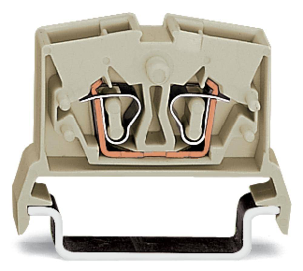 Grey electrical terminal with copper wires and metal connections, shown in cross-section view to illustrate the internal components.