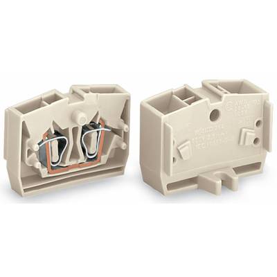 Two beige plastic connectors, one shown from the front, one from the back. The front side displays metallic fastening elements.