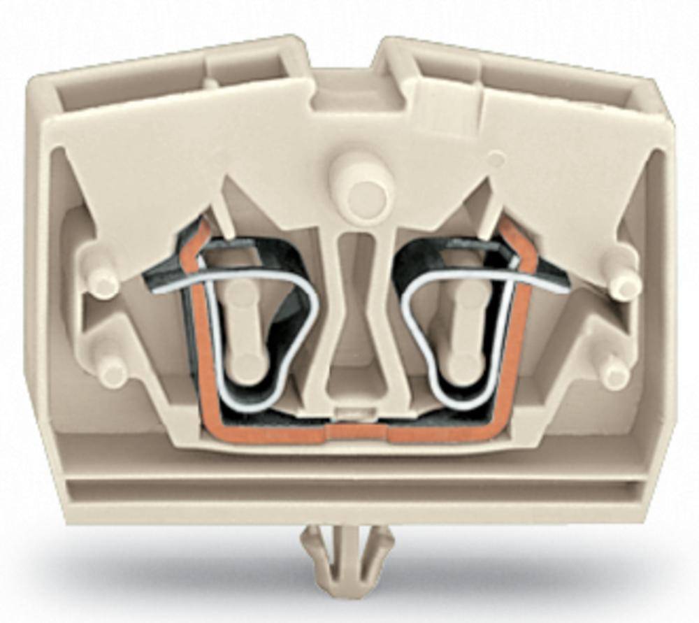 Beige terminal block with two metallic contacts and screw fixing, used for electrical wiring in control panels.