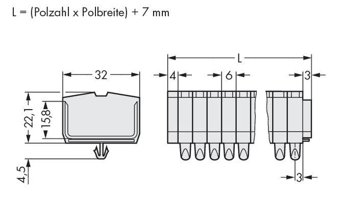 Technical drawing of a connector. Dimensions: Width 32 mm, Height 22.1 mm, Length formula: 'L = (Number of poles x Pole width) + 7 mm'.