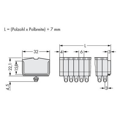 Technical drawing of a connector. Dimensions: Width 32 mm, Height 22.1 mm, Length formula: 'L = (Number of poles x Pole width) + 7 mm'.