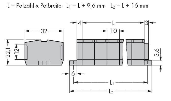 Technical drawing of a component with dimensions in millimetres. Width 32, height 22.1, overall length varies depending on pole count.