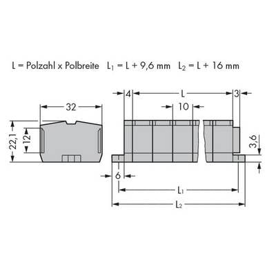 Technical drawing of a component with dimensions in millimetres. Width 32, height 22.1, overall length varies depending on pole count.