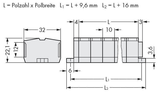 Technical drawing of a connector: widths, heights, and lengths specified. Main form: rectangular with rounded corners.