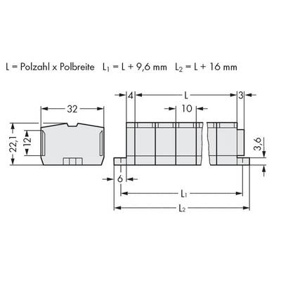 Technical drawing of a connector: widths, heights, and lengths specified. Main form: rectangular with rounded corners.