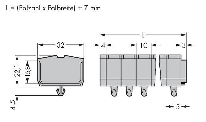 Technical drawing of a connector, showing dimensions: height 22.1 mm, width 32 mm, length 10 mm. Formula for length calculation provided.