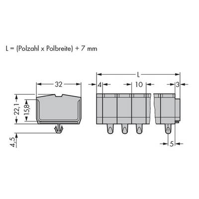 Technical drawing of a connector, showing dimensions: height 22.1 mm, width 32 mm, length 10 mm. Formula for length calculation provided.