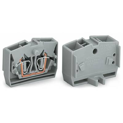Two grey electrical terminals with an open and closed view, showing internal cable connections and brand embossing.