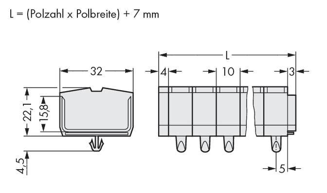 Technical drawing of a plug connection with dimensions: 32 mm width, 15.8 mm height, 22.1 mm length. Contains calculation formula.