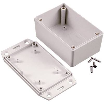 Plastic enclosure with removed lid and screws. Suitable for electronic applications.