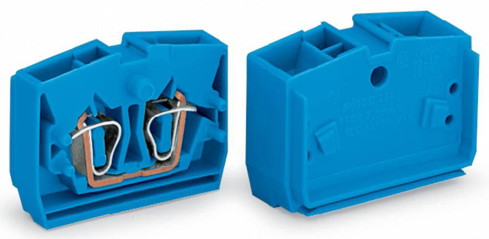 Two blue electrical plug connectors, one showing the interior with metal contacts, the other showing the closed rear side.