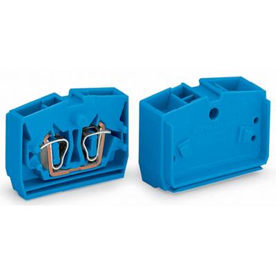 Two blue electrical plug connectors, one showing the interior with metal contacts, the other showing the closed rear side.