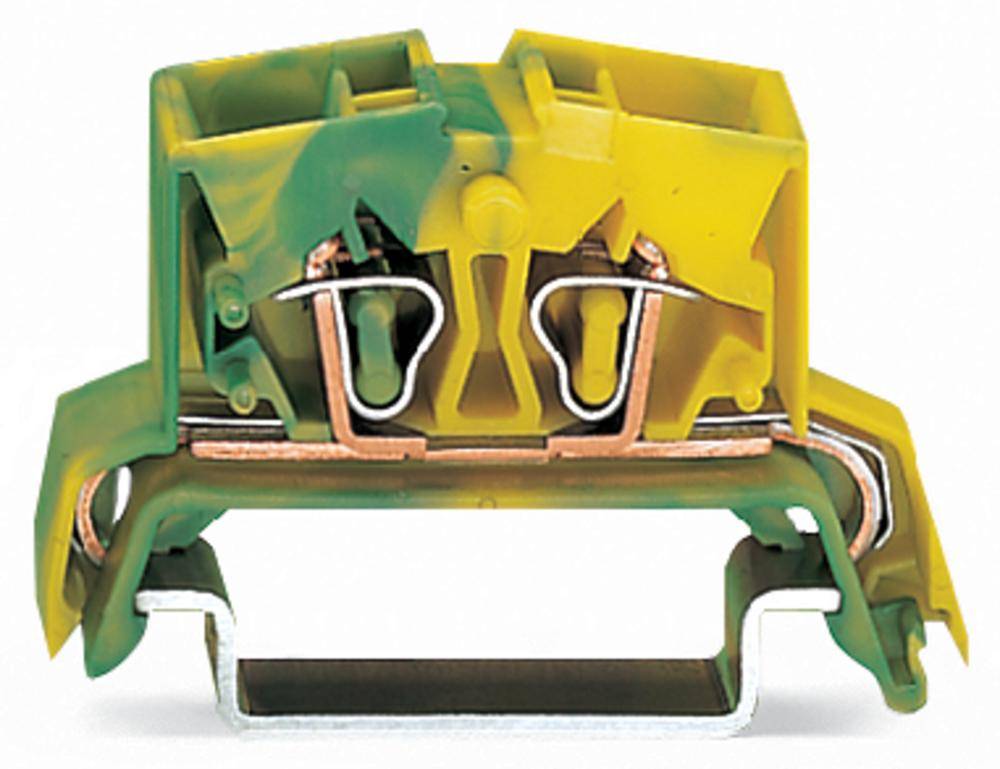 A yellow-green patterned terminal block, typically used for electrical connection and earthing in control cabinets.