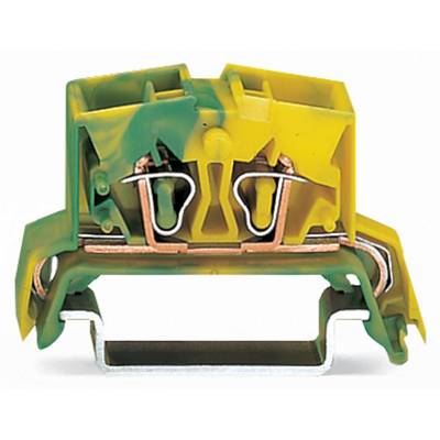 A yellow-green patterned terminal block, typically used for electrical connection and earthing in control cabinets.