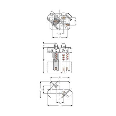 Technical drawing of a connector with dimensions. Shows top view and side view with measurements in millimetres.