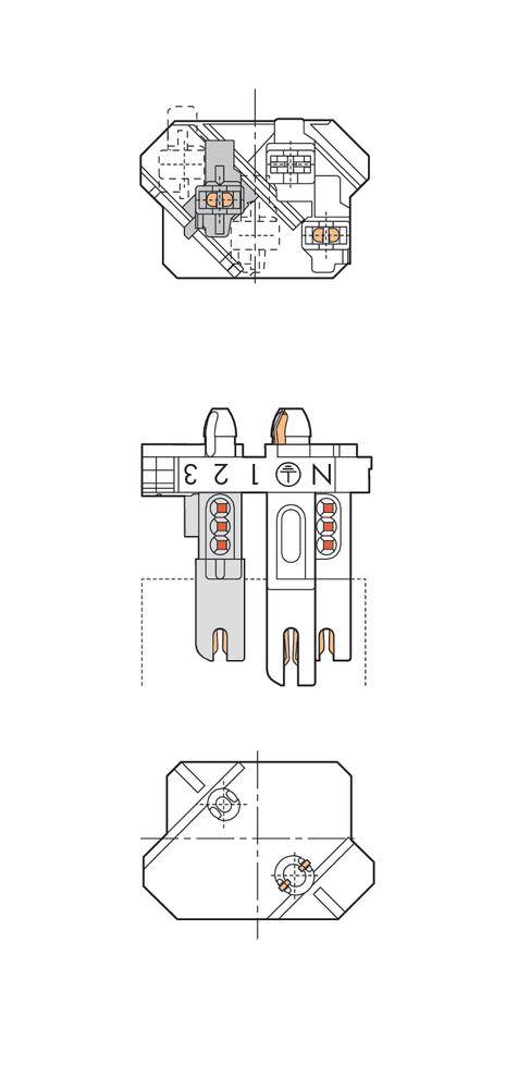 Technical drawing of a plug connector with front and side views. Shows electrical pins and markings for assembly.