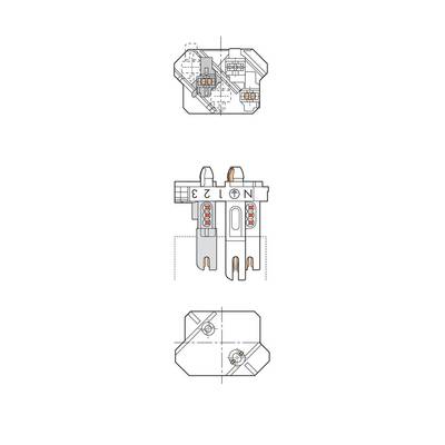 Technical drawing of a plug connector with front and side views. Shows electrical pins and markings for assembly.