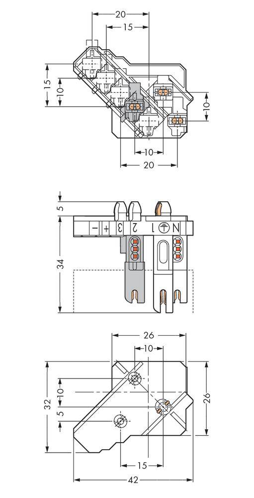 Technical drawing of an electrical connector with dimensions in millimetres. Shows front, side, and top views.